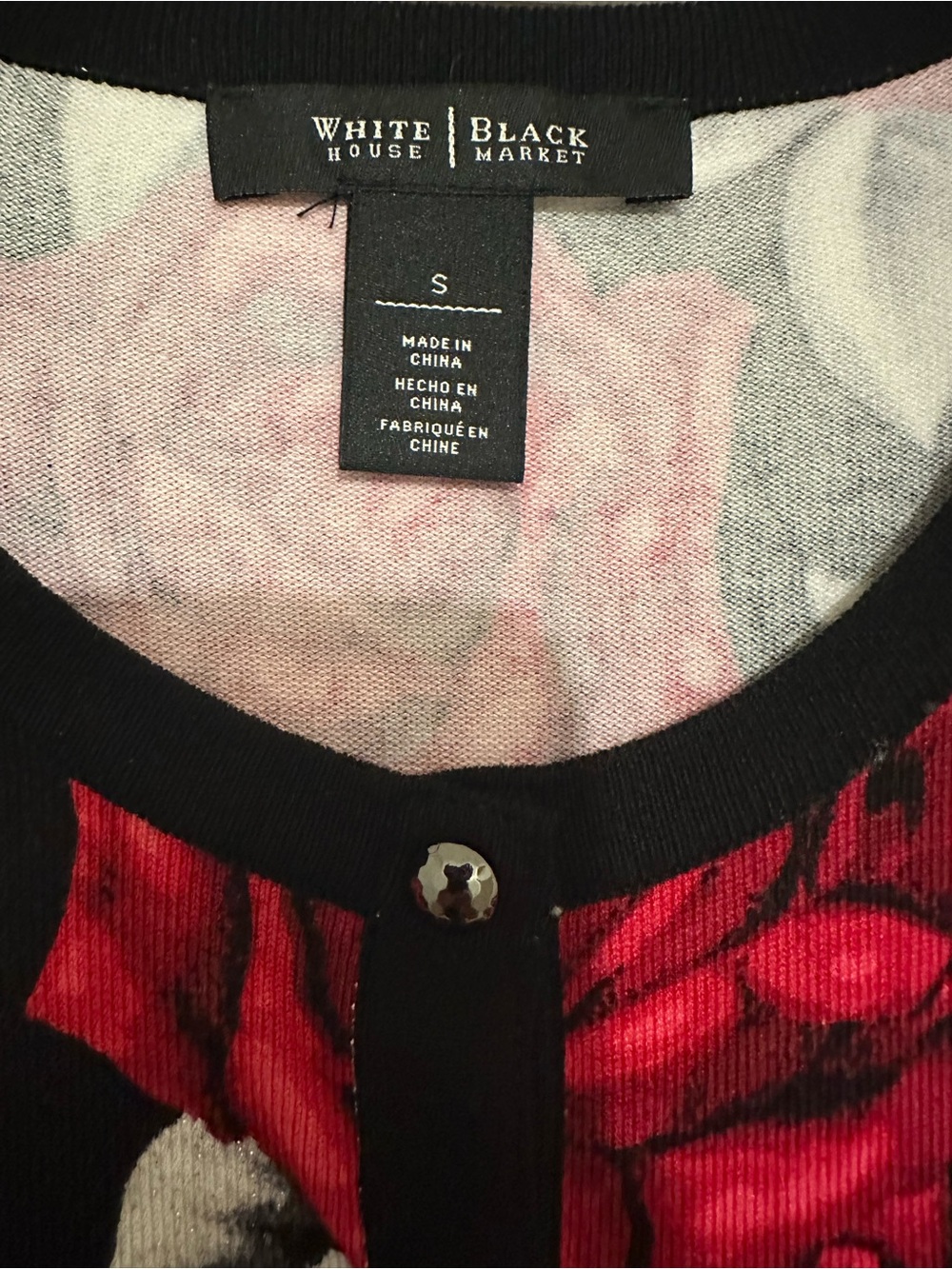 White House Black Market Black Cardigan with Red Rose Pattern - Picture 2 of 3